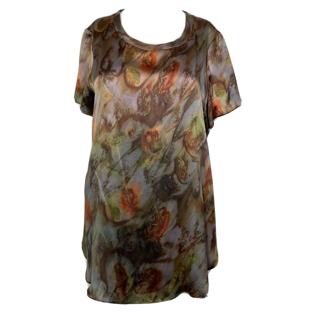 Acrobat Shirt Womens Sz S Brown Print Silk Satin Short Sleeve Top‎ Tunic